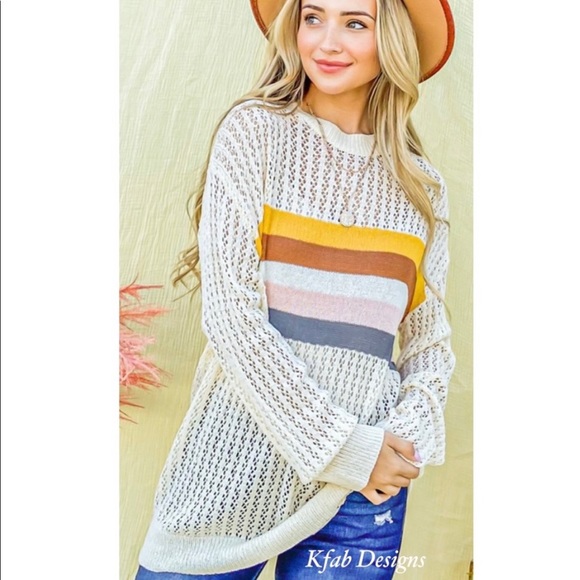 New! Clearance Colorblock Eyelet Hole Striped Lightweight Long Sleeve Sweater - Picture 6 of 9